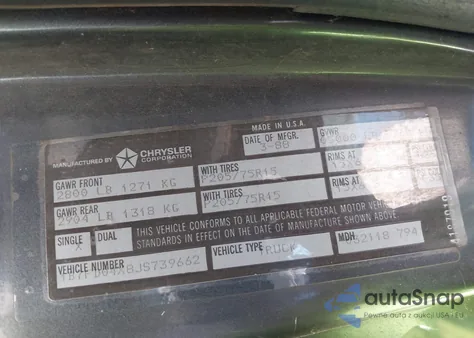 1988 Dodge D-Series D100 из США, поврежденный, VIN 1B7FD04X8JS739662